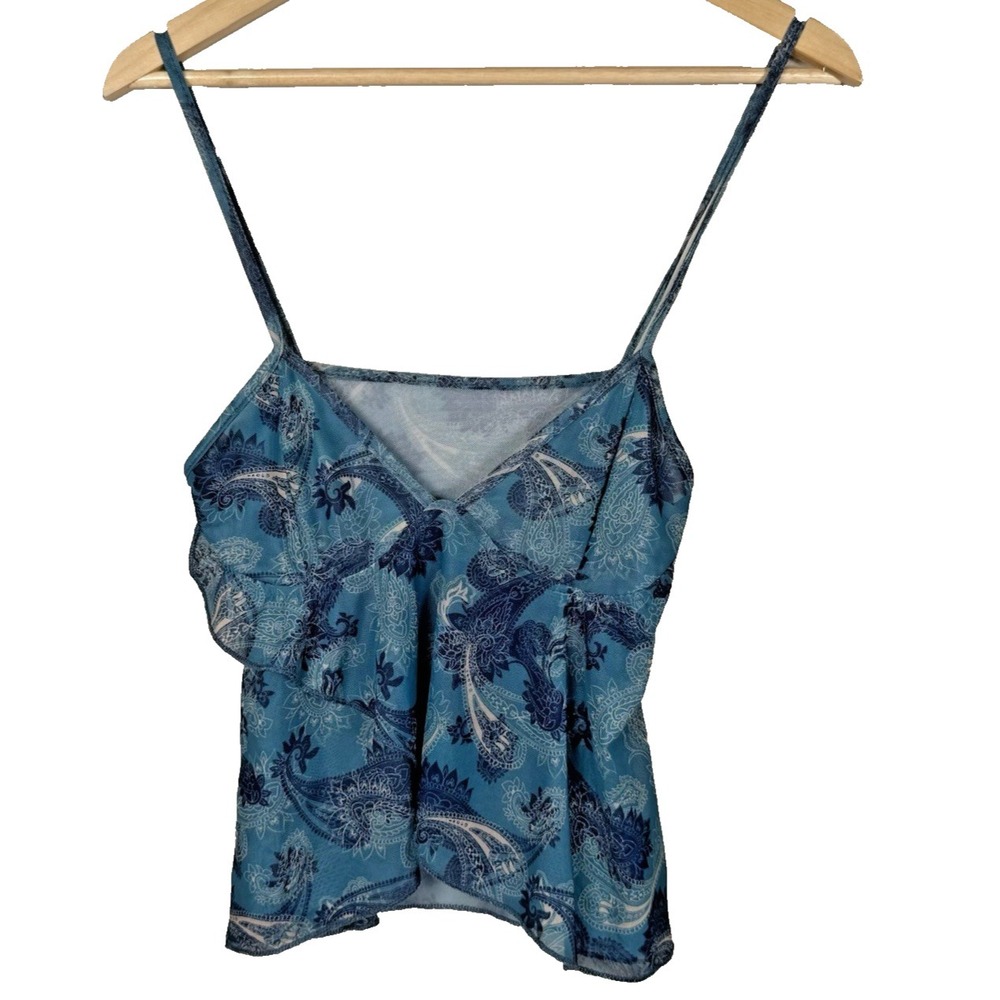 Y2K Blue Paisley Mesh Camisole Top - Sheer Boho Fairycore Coquette Cami - Size L